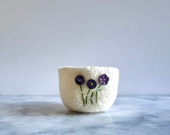 White wool bowl with dark purple flowers - gifts for coworkers - gifts for teachers - handmade by the Felterie - gifts for friends