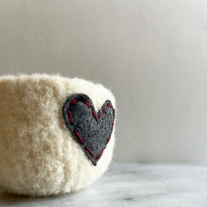 felted wool bowl off white wool with dark grey eco felt heart ring holder, wool anniversary ring bowl Valentine's day gift image 2