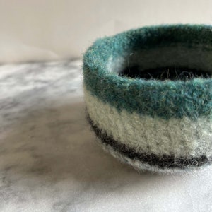 felted wool planter with stripes of blue and grey handmade by the Felterie ready to ship image 2
