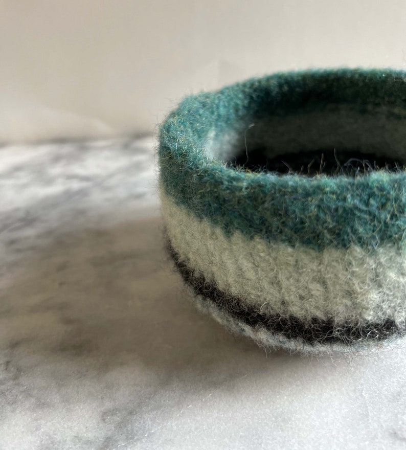 felted wool planter with stripes of blue and grey handmade by the Felterie ready to ship image 2