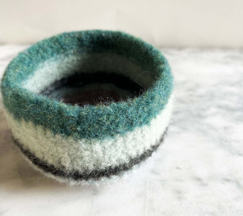 felted wool planter with stripes of blue and grey handmade by the Felterie ready to ship image 3