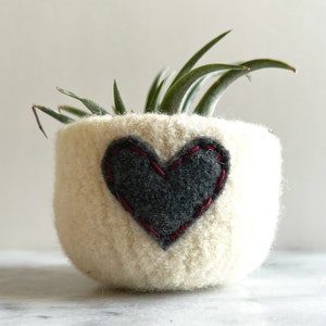 felted wool bowl off white wool with dark grey eco felt heart ring holder, wool anniversary ring bowl Valentine's day gift image 4