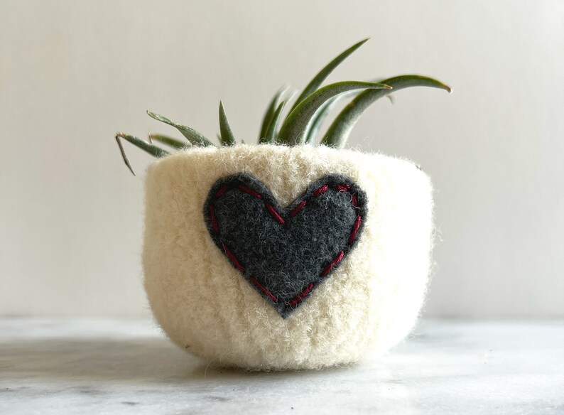 felted wool bowl off white wool with dark grey eco felt heart ring holder, wool anniversary ring bowl Valentine's day gift image 4