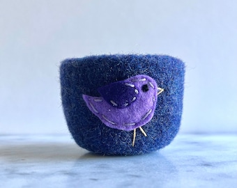 felt wool bowl - blue wool bowl with purple bird - catch all - container - felted wool bowl by the Felterie