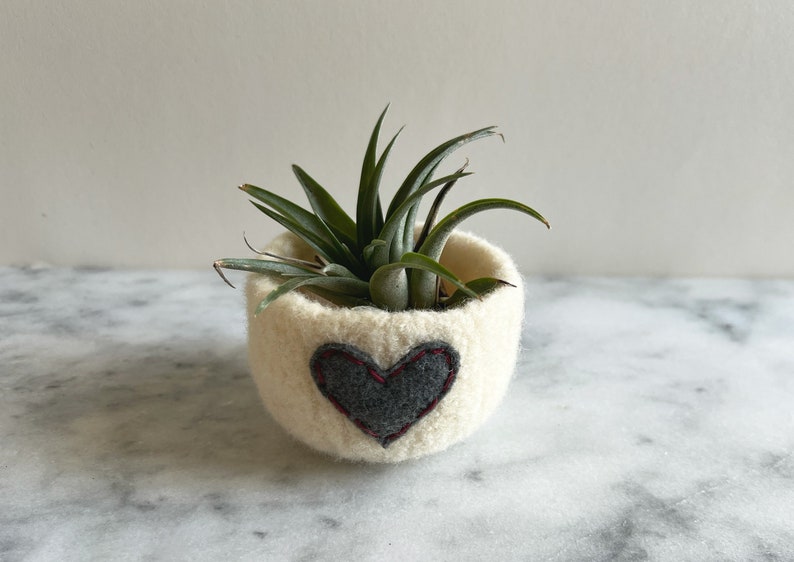 felted wool bowl off white wool with dark grey eco felt heart ring holder, wool anniversary ring bowl Valentine's day gift image 3