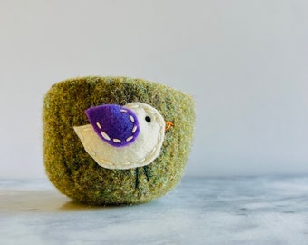 felt wool bowl - green wool bowl with oatmeal and purple bird - catch all - container - felted wool bowl by the Felterie - Mother’s Day gift