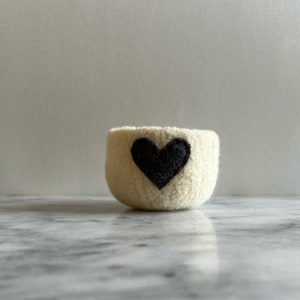 felted wool bowl off white wool with dark grey eco felt heart ring holder, wool anniversary ring bowl Valentine's day gift image 6