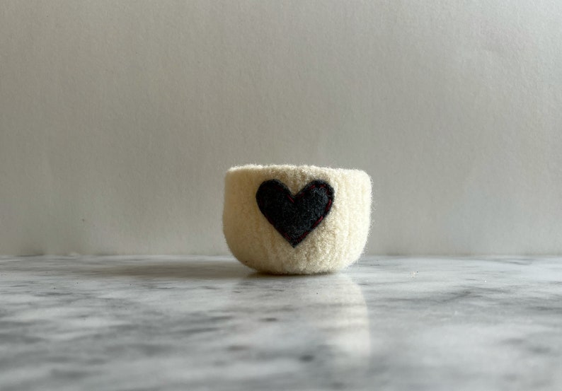 felted wool bowl off white wool with dark grey eco felt heart ring holder, wool anniversary ring bowl Valentine's day gift image 6