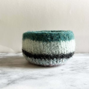 felted wool planter with stripes of blue and grey handmade by the Felterie ready to ship image 6