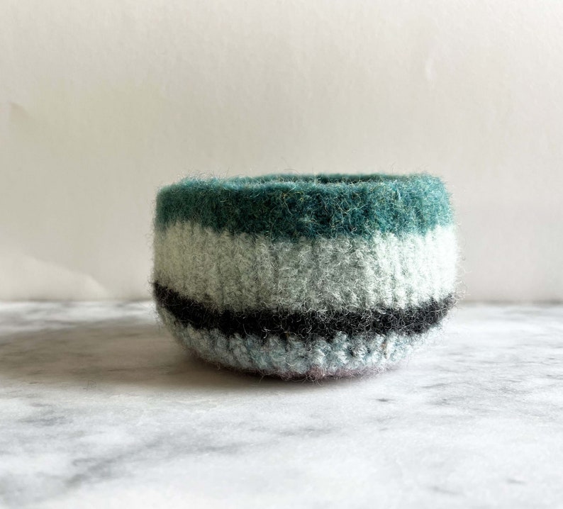 felted wool planter with stripes of blue and grey handmade by the Felterie ready to ship image 6