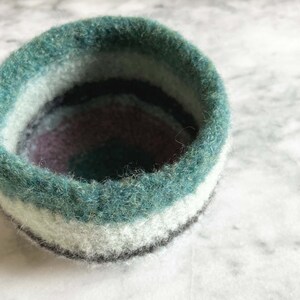 felted wool planter with stripes of blue and grey handmade by the Felterie ready to ship image 5