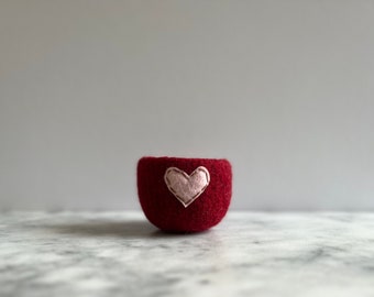 felted wool bowl  -  cranberry red wool with pink eco felt heart - ring holder, air plant home - Valentine's day gift