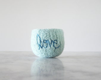 Felt Bowl - Soft Ring Dish - Air Plant Planter - Pale Mint Wool with Turquoise "love" Embroidery - Handmade by the Felterie - Spring Gift