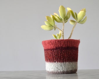 felted succulent planter - small plant pot with waterproof lining - textural planter - shades of maroon, grey, salmon, mauve