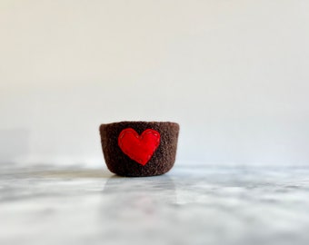 felted wool bowl  -  heathered brown wool with red eco felt heart - ring holder, wool anniversary ring bowl