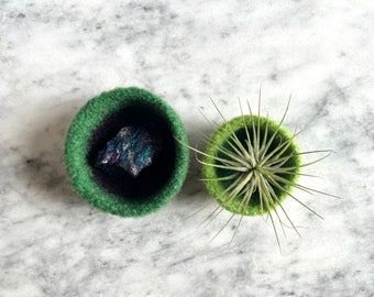 Felted wool bowl - two green colorblock wool shallow bowls - handmade felt wool bowls by the Felterie