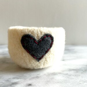 felted wool bowl off white wool with dark grey eco felt heart ring holder, wool anniversary ring bowl Valentine's day gift image 5