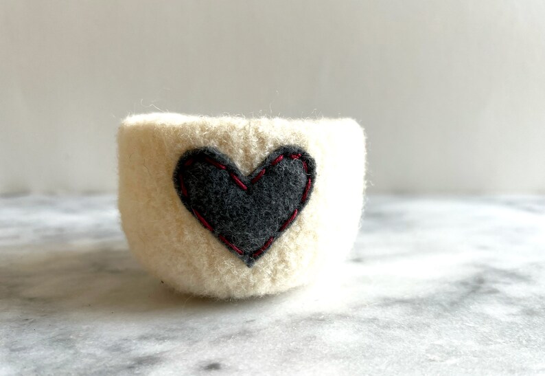 felted wool bowl off white wool with dark grey eco felt heart ring holder, wool anniversary ring bowl Valentine's day gift image 5