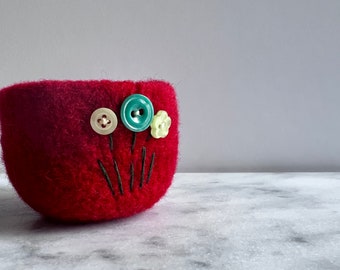 Dark red felted wool bowl with button flowers