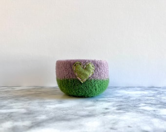 Purple and green felted wool bowl with green  heart - double thick catch all bowl