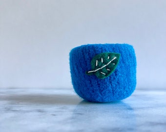 Bright Blue Wool Felted Bowl with Green Leaf - Ring Bowl - Catch All - Plant Pot - Gifts for Gardeners - Gifts for Teachers