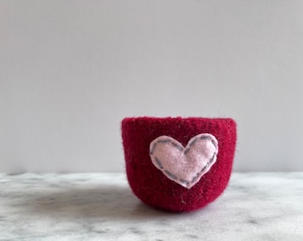 felted wool bowl  -  cranberry red wool with pink eco felt heart - ring holder, wool anniversary ring bowl - Valentine's day gift