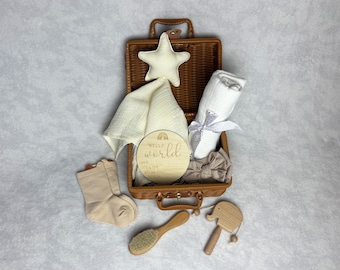 Cesta para bebé, set de regalo para bebé, cesta para recién nacido, regalo para baby shower, regalo para recién nacido, cesta para niña, maleta de ratán, color natural