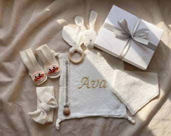 Personalised White Baby Gift Set, Bunny Comforter, Grab Toy, Headband, Socks, Bib