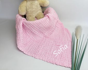 Manta de muselina personalizada para bebé: algodón bordado de 6 capas, manta con nombre personalizado, manta rosa