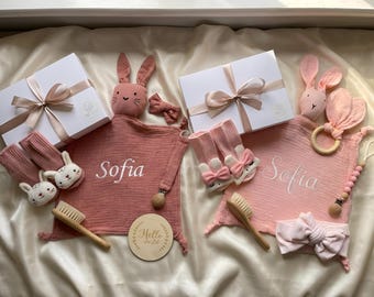 Set de regalo personalizado para bebé, regalo bordado para bebé, set de regalo rosa para recién nacido, regalo para baby shower, regalo para niña, set de regalo rosa para bebé, cesta para bebé