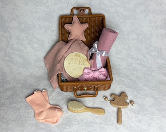 Baby Hamper, Baby Gift Set, Newborn Gift Hamper, Baby Shower Gift, Newborn Present, Baby Girl Hamper, Rattan Suitcase, Pink Baby Gift