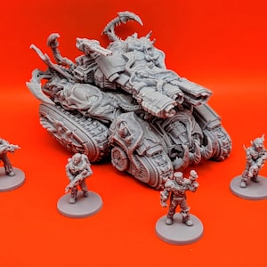 May include: A gray, detailed miniature model of a futuristic tank with multiple turrets and intricate mechanical details. Four miniature figures are positioned around the tank, each on a circular base. The background is a solid orange.