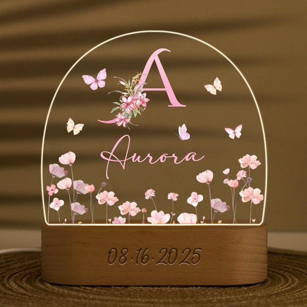 Custom Floral Night Light with Name, Personalized Night Light for Kids Room, Nursery Decor, Christening Gift, Baptism Gift, Baby Girl Gift