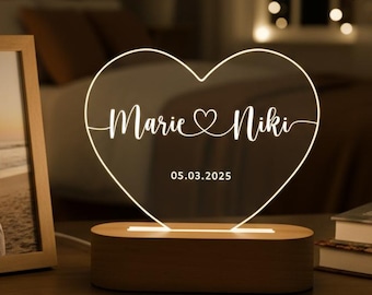 Personalized Night Light for Couple, Custom LED Heart Couple Name Light, Shaped Name Lamp, Name and Date, Anniversary Gift, Christmas Gift