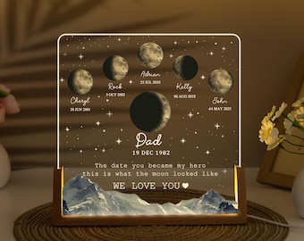 Custom Moon Phase by Date Gift, Personalized Moon Phase with Kid Name Night Light, Father&#39;s Day Gift, Gift for Grandpa, Custom Lunar By Date