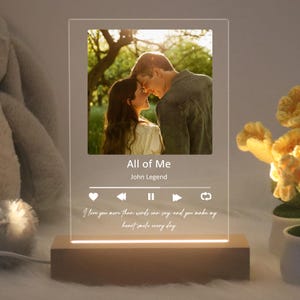 Może przedstawiać: Przezroczysty, akrylowy znak z podświetleniem, z fotografią pary, ikoną odtwarzacza muzycznego i tekstem "All of Me" autorstwa Johna Legenda. Podpis brzmi: "Kocham cię bardziej niż słowa mogą wyrazić, a ty sprawiajesz, że moje serce uśmiecha się każdego dnia."