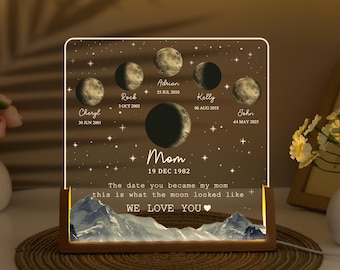 Custom Moon Phase by Date Gift, Personalized Moon Phase with Kid Name Night Light, Mother&#39;s Day Gift, Gift for Grandma, Custom Lunar By Date