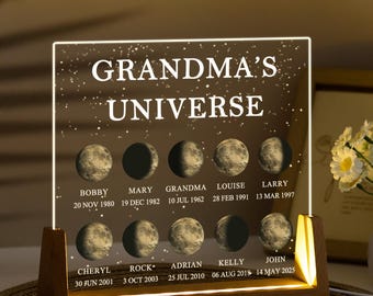Custom Moon Phase by Date Gift, Personalized Moon Phase with Kid Name Night Light, Mother&#39;s Day Gift, Gift for Grandma, Custom Lunar By Date