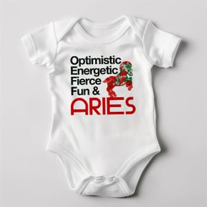 Regalo de cumpleaños para bebé de astrología / Body de Aries / Mini signo de fuego / Optimista, enérgico, feroz, divertido y Aries / Algodón / Astrología del zodíaco
