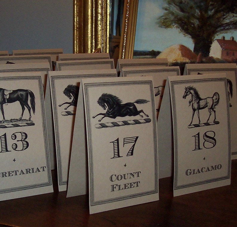 Equestrian Kentucky Derby Table Numbers, Winners Horse Race Cards , Large Kraft or Cream Set 24 Wedding Decor, Racing Rehearsal Dinner image 5