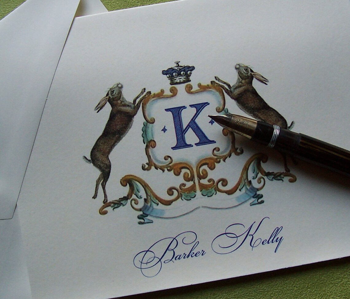 Personalized Bunny Rabbit Family Crest Monogram Note Cards Etsy Ireland