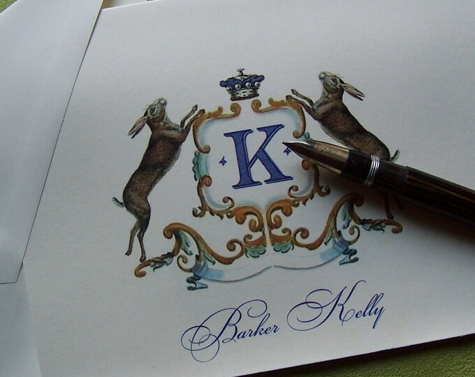 Personalized Bunny Rabbit Family Crest Monogram Note Cards Color ...