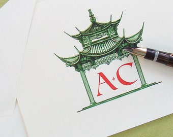 Personalized Notecard Pagoda , Chinoiserie Monogrammed Note Cards Chinois Set 10 Japanese Chinese Oriental Asian Notecards Stationery