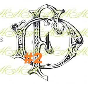 May include: Three black and white ornate monogram designs with decorative flourishes. The first monogram is the letter "S", the second is the letter "D", and the third is the letter "G".