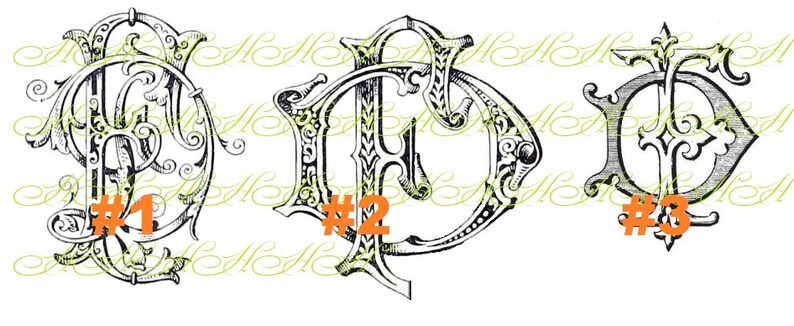 May include: Three black and white ornate monogram designs with decorative flourishes. The first monogram is the letter "S", the second is the letter "D", and the third is the letter "G".
