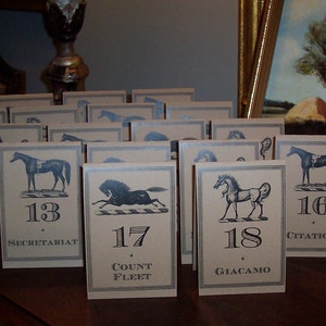 Equestrian Kentucky Derby Table Numbers, Winners Horse Race Cards , Large Kraft or Cream Set 24 Wedding Decor, Racing Rehearsal Dinner image 3