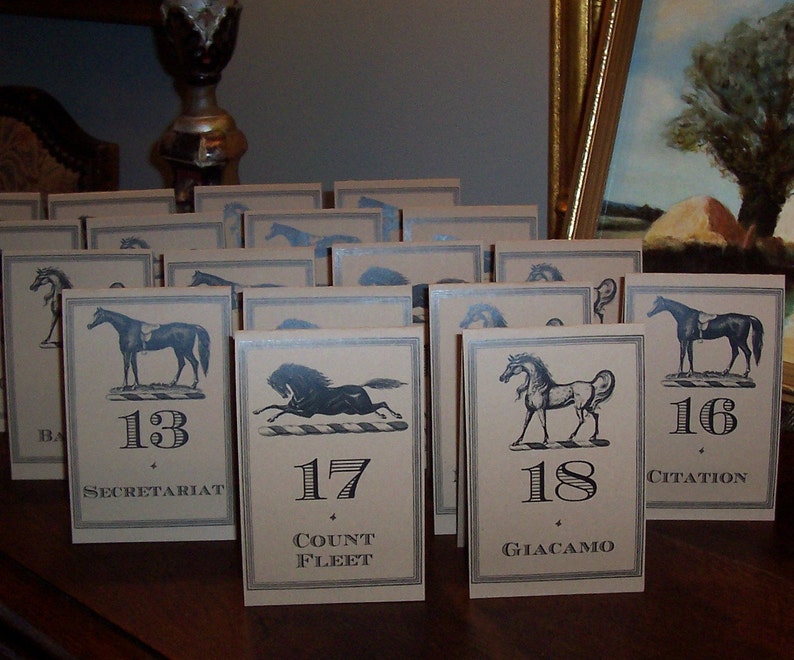 Equestrian Kentucky Derby Table Numbers, Winners Horse Race Cards , Large Kraft or Cream Set 24 Wedding Decor, Racing Rehearsal Dinner image 3