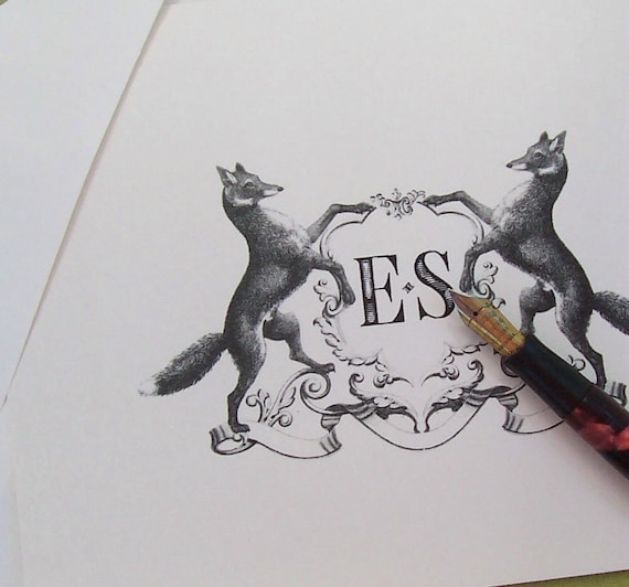 Fox Crest Personalized Notecards Vintage Inspired English Heraldic Note Cards Woodland Forest Stationery Elegant monogram Set 10 Notecards
