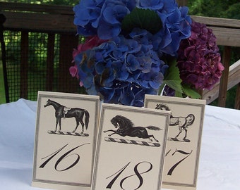Equestrian 3 Horse Wedding Table Number Large Card in Kraft or Cream Set 18 Vintage Inspired Wedding Decor Reception Rehearsal Dinner