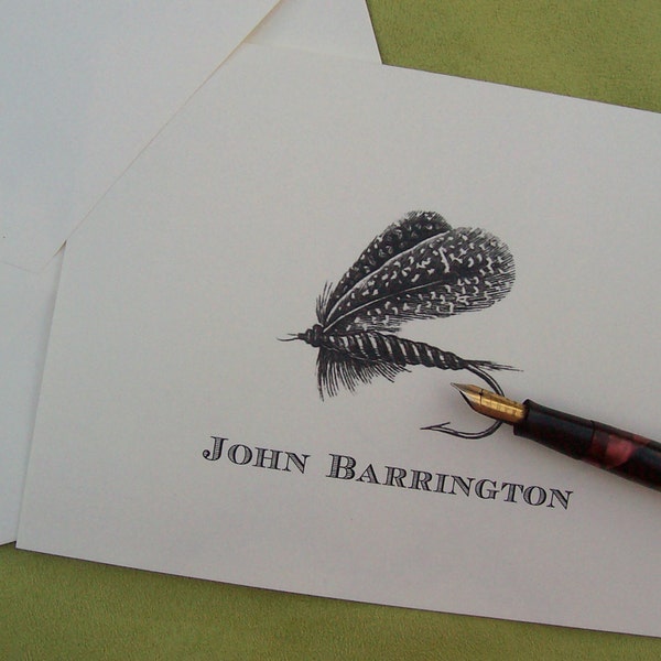 Personalized Fly Fishing Stationery Notecards, Monogram Fish Note Cards, Cabin Lodge ,Set 10 Gift for Him Hunting Tied Fly Feather, Hook